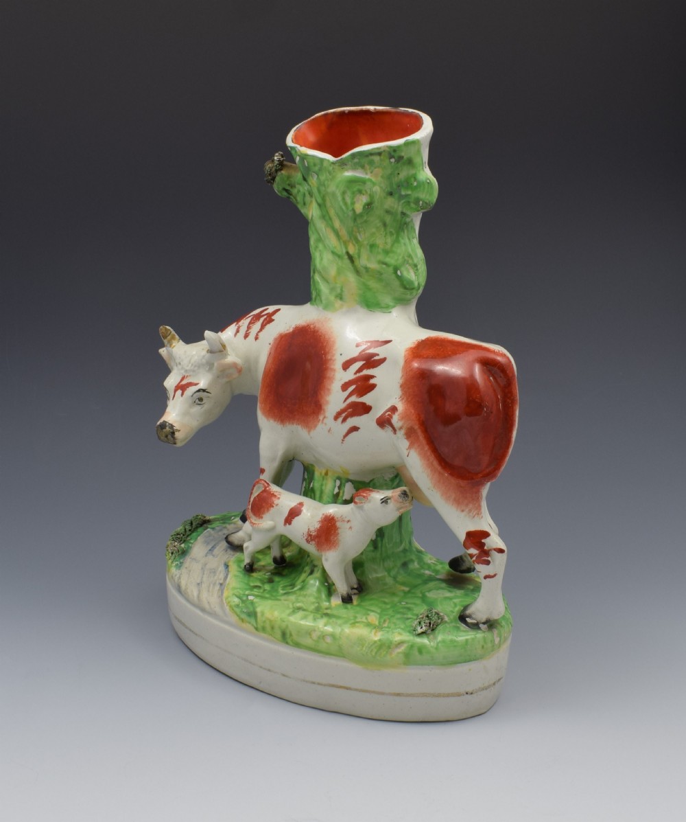 Large Victorian Staffordshire Spill Vase Cow & Calf Russet & White  View VIII