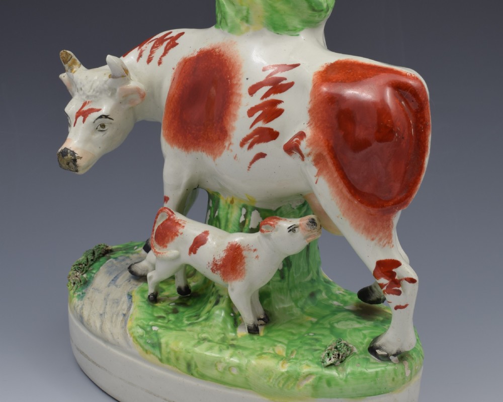 Large Victorian Staffordshire Spill Vase Cow & Calf Russet & White  View IX