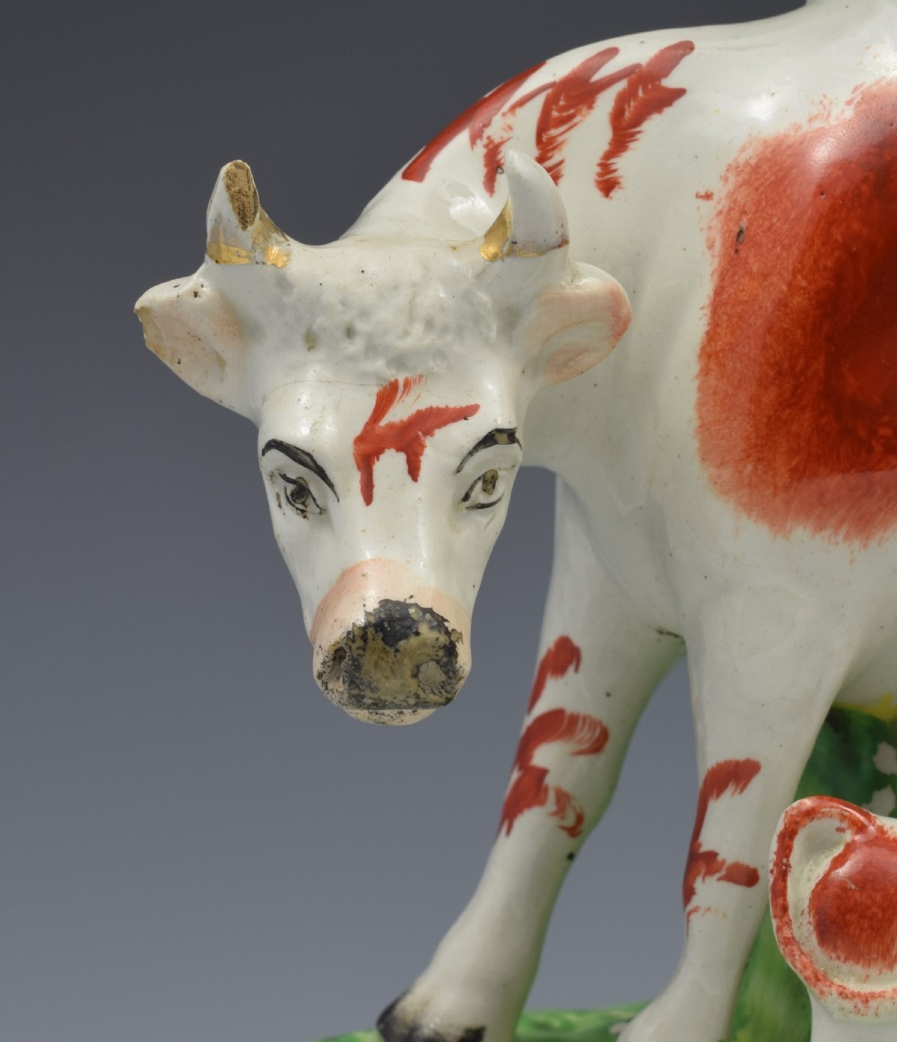 Large Victorian Staffordshire Spill Vase Cow & Calf Russet & White  View X