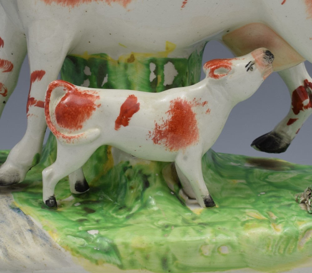 Large Victorian Staffordshire Spill Vase Cow & Calf Russet & White  View XI