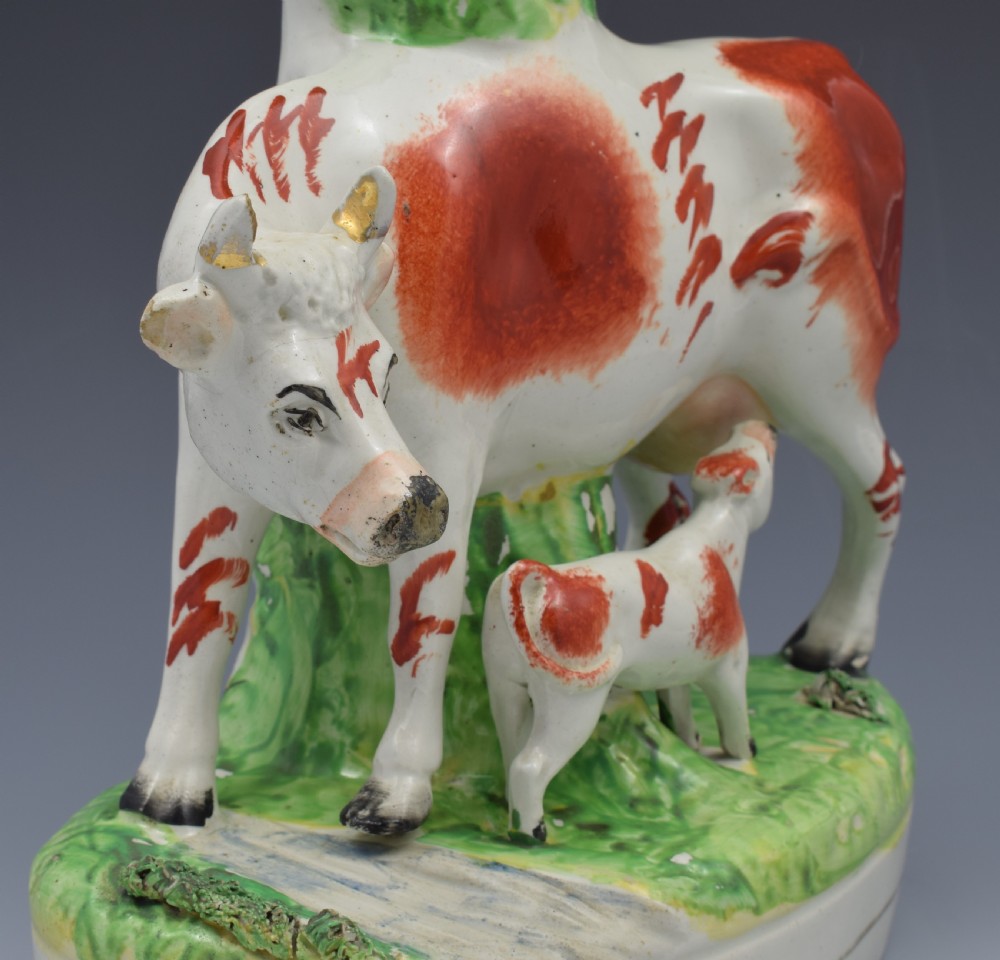 Large Victorian Staffordshire Spill Vase Cow & Calf Russet & White  View XII