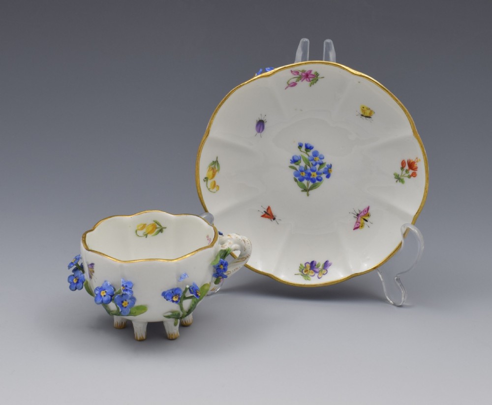 Meissen Forget-Me-Not Flower Encrusted Cabinet Cup & Saucer