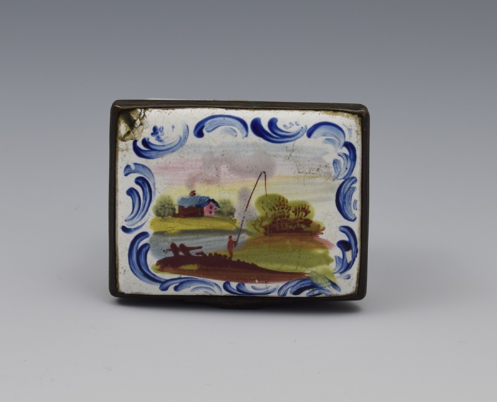 18th Century Staffordshire Bilston Enamel Fishing Scene Snuff Box