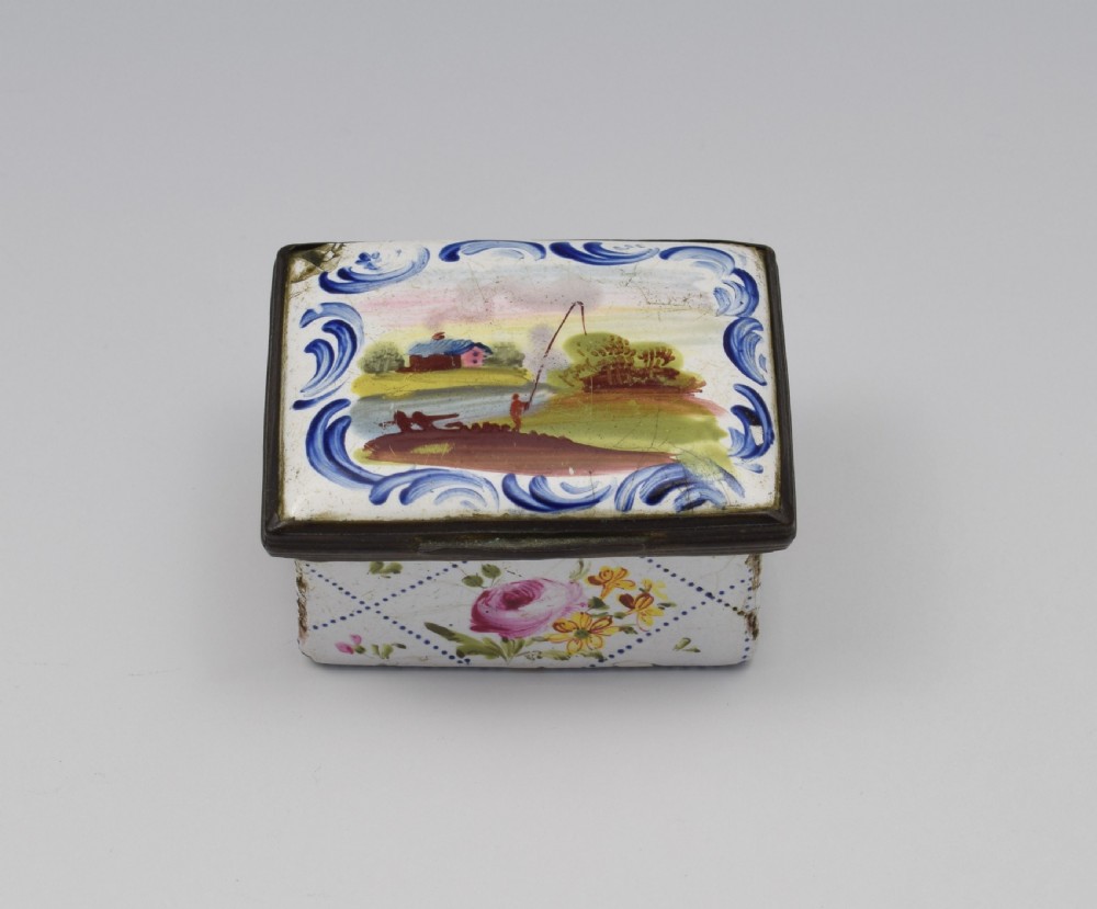 18th Century Staffordshire Bilston Enamel Fishing Scene Snuff Box View II