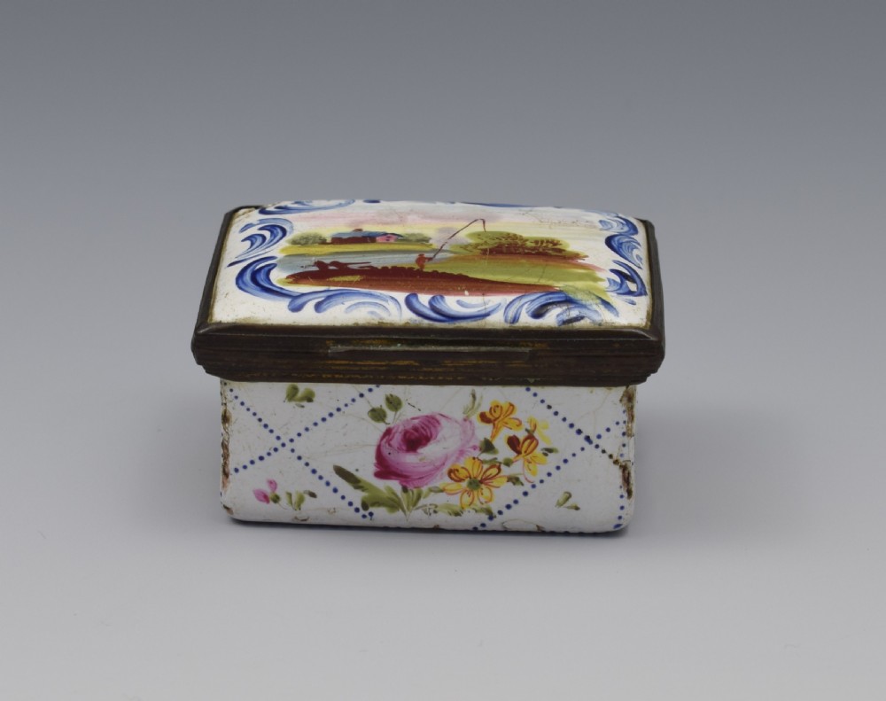18th Century Staffordshire Bilston Enamel Fishing Scene Snuff Box View III
