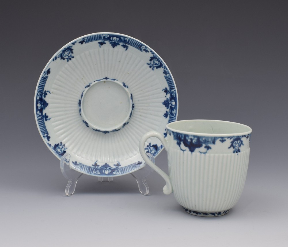 First Period Worcester Ribbed Trembleuse Cup & Saucer Lambrequin Borders c.1770