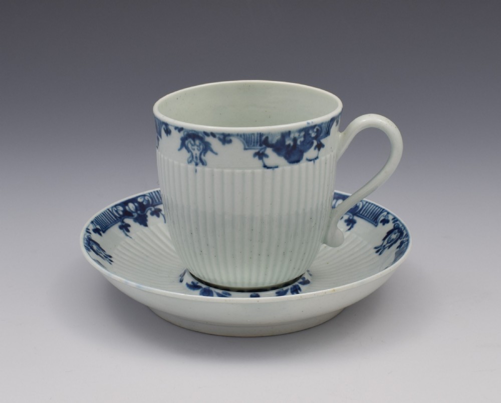 First Period Worcester Ribbed Trembleuse Cup & Saucer Lambrequin Borders c.1770 View II