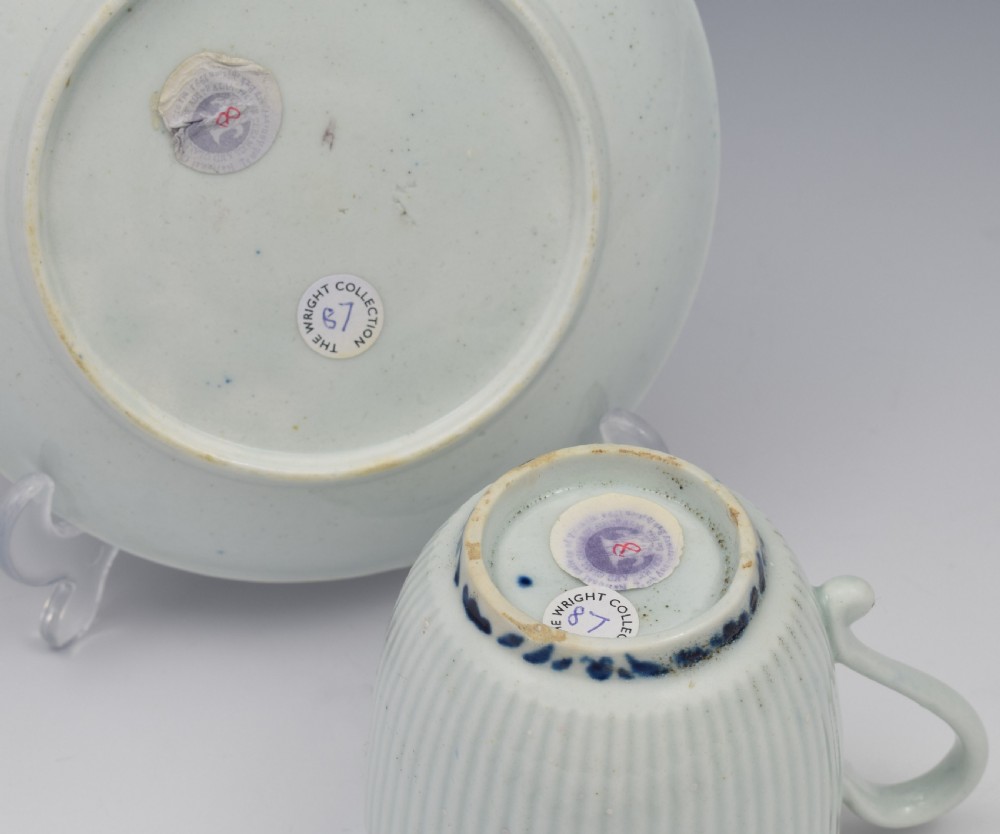 First Period Worcester Ribbed Trembleuse Cup & Saucer Lambrequin Borders c.1770 View X