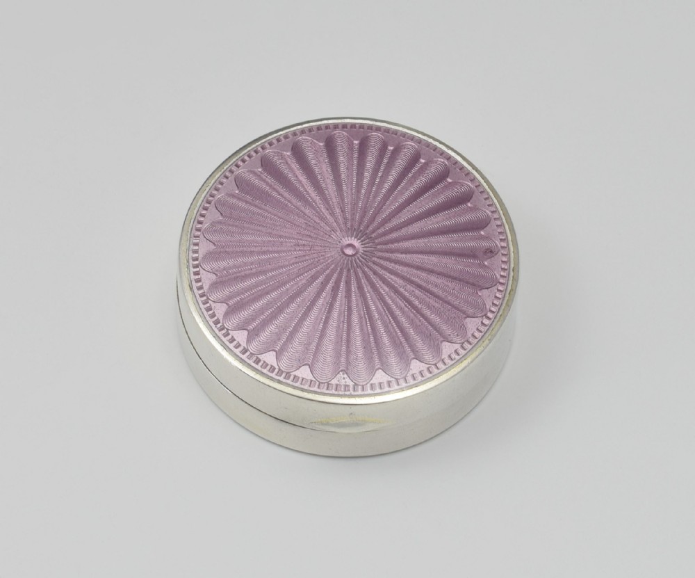English Silver & Lilac Guilloche Enamel DQ Powder Box 
