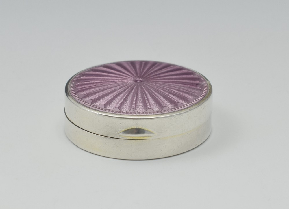 English Silver & Lilac Guilloche Enamel DQ Powder Box  View IX