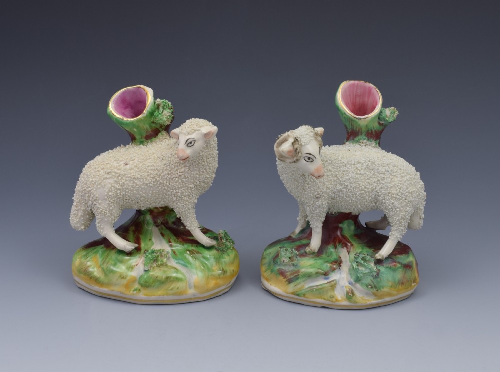 Pair Late Victorian Kent Staffordshire Pottery Ram & Ewe Spill Vases