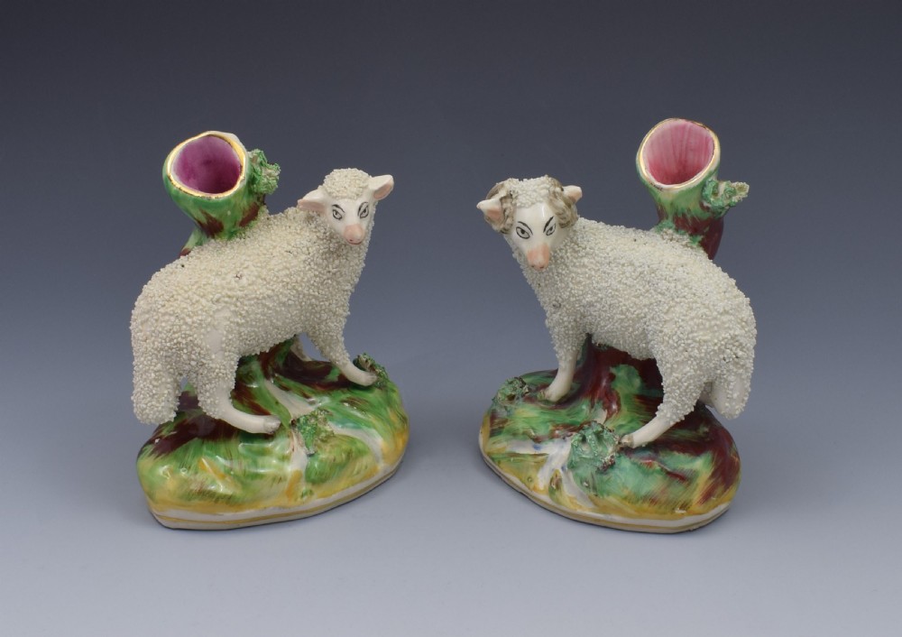 Pair Late Victorian Kent Staffordshire Pottery Ram & Ewe Spill Vases View II