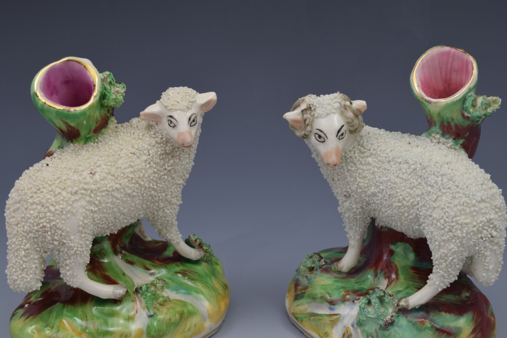 Pair Late Victorian Kent Staffordshire Pottery Ram & Ewe Spill Vases View III