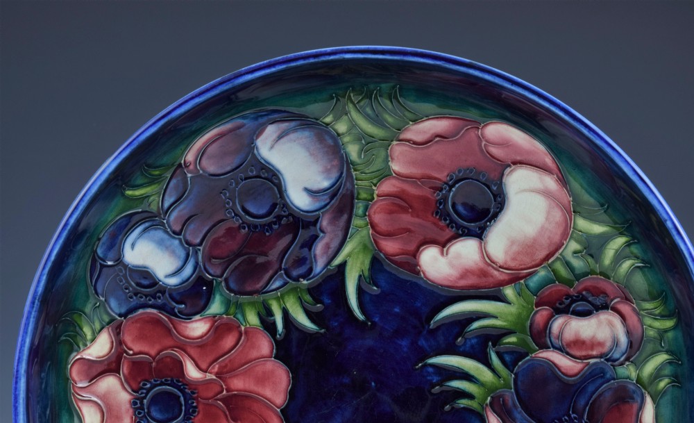 Large Walter Moorcroft Anemone Pattern Blue Ground Bowl  View II