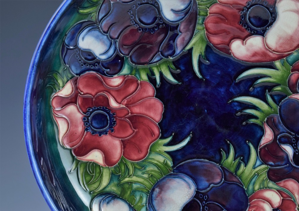 Large Walter Moorcroft Anemone Pattern Blue Ground Bowl  View III