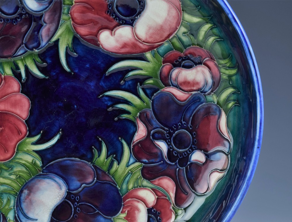 Large Walter Moorcroft Anemone Pattern Blue Ground Bowl  View IV