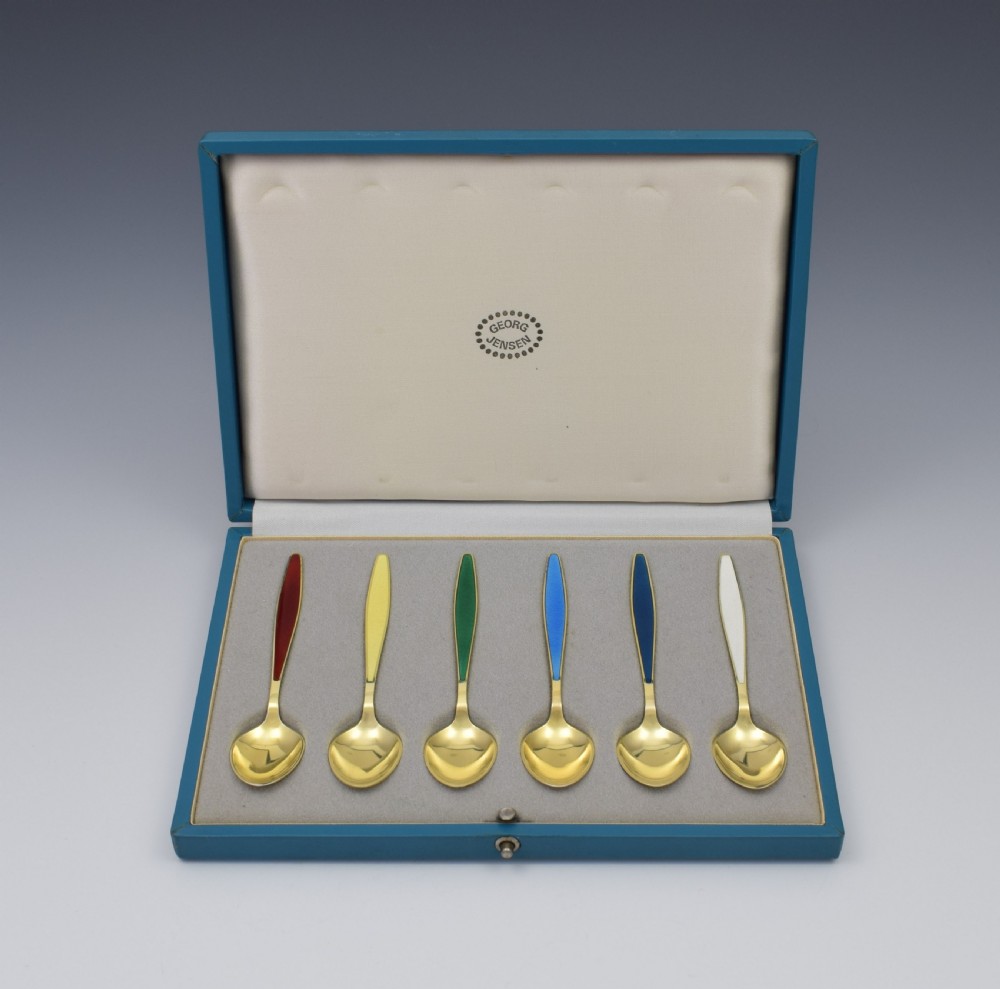 Cased Set 6 Georg Jensen Silver Gilt & Enamel Cypress Teaspoons