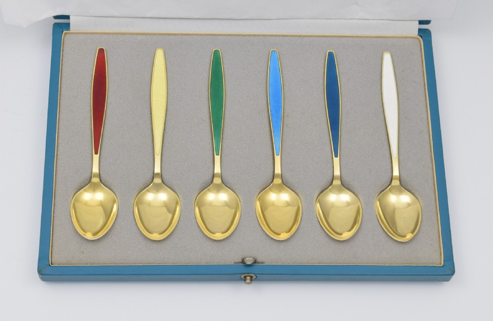 Cased Set 6 Georg Jensen Silver Gilt & Enamel Cypress Teaspoons View II