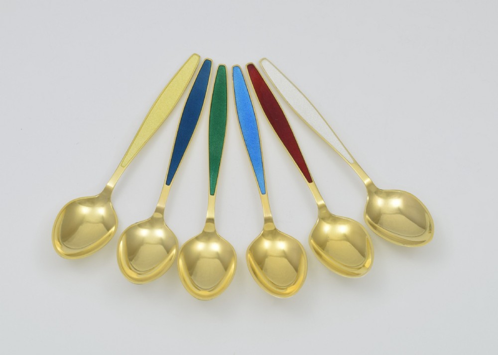 Cased Set 6 Georg Jensen Silver Gilt & Enamel Cypress Teaspoons View III