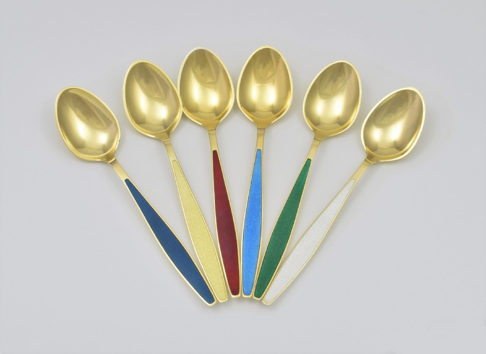 Cased Set 6 Georg Jensen Silver Gilt & Enamel Cypress Teaspoons View IV