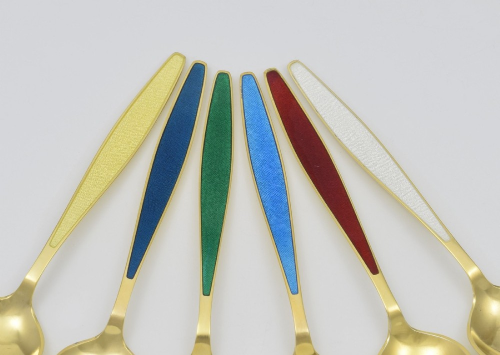 Cased Set 6 Georg Jensen Silver Gilt & Enamel Cypress Teaspoons View VI