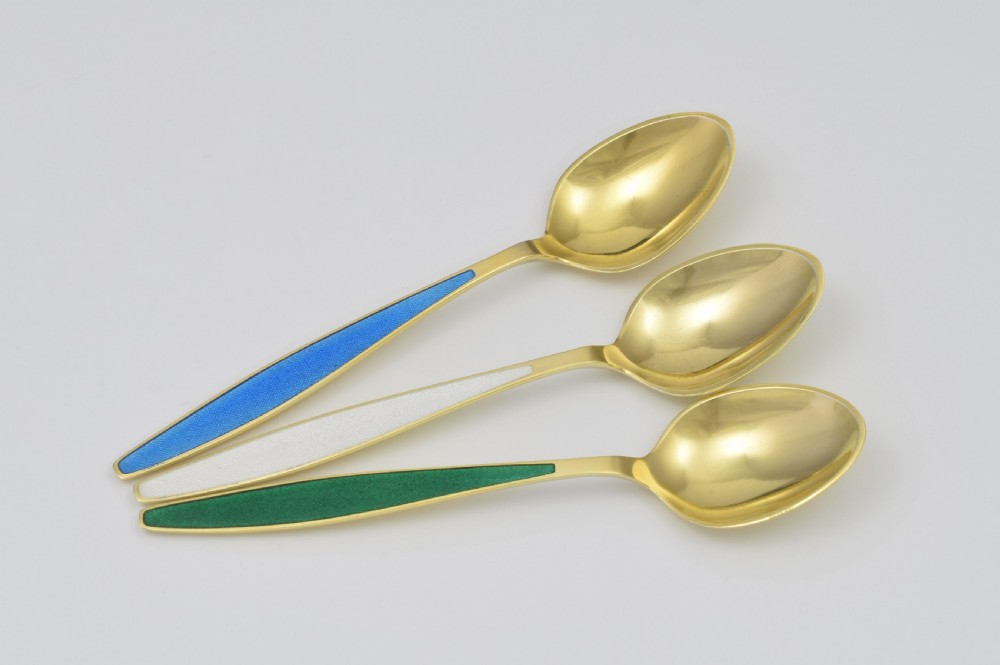 Cased Set 6 Georg Jensen Silver Gilt & Enamel Cypress Teaspoons View VII