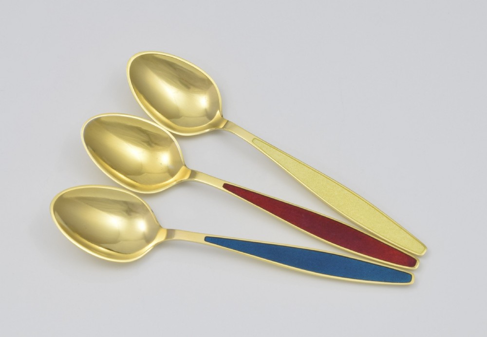 Cased Set 6 Georg Jensen Silver Gilt & Enamel Cypress Teaspoons View VIII