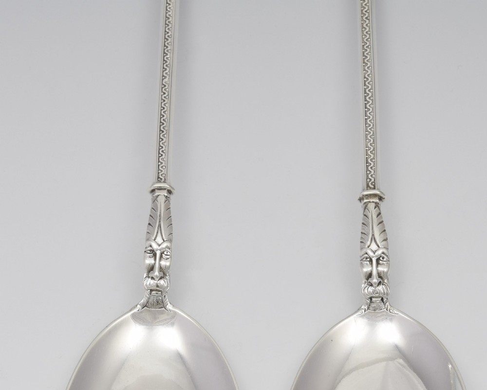 Pair Of Victorian Green Man Silver Serving Spoons View VI