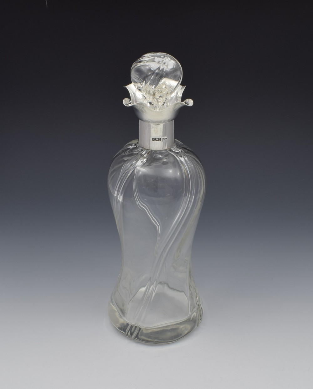 Edwardian Silver Mounted & Wrythen Glass Decanter Walker & Hall View II