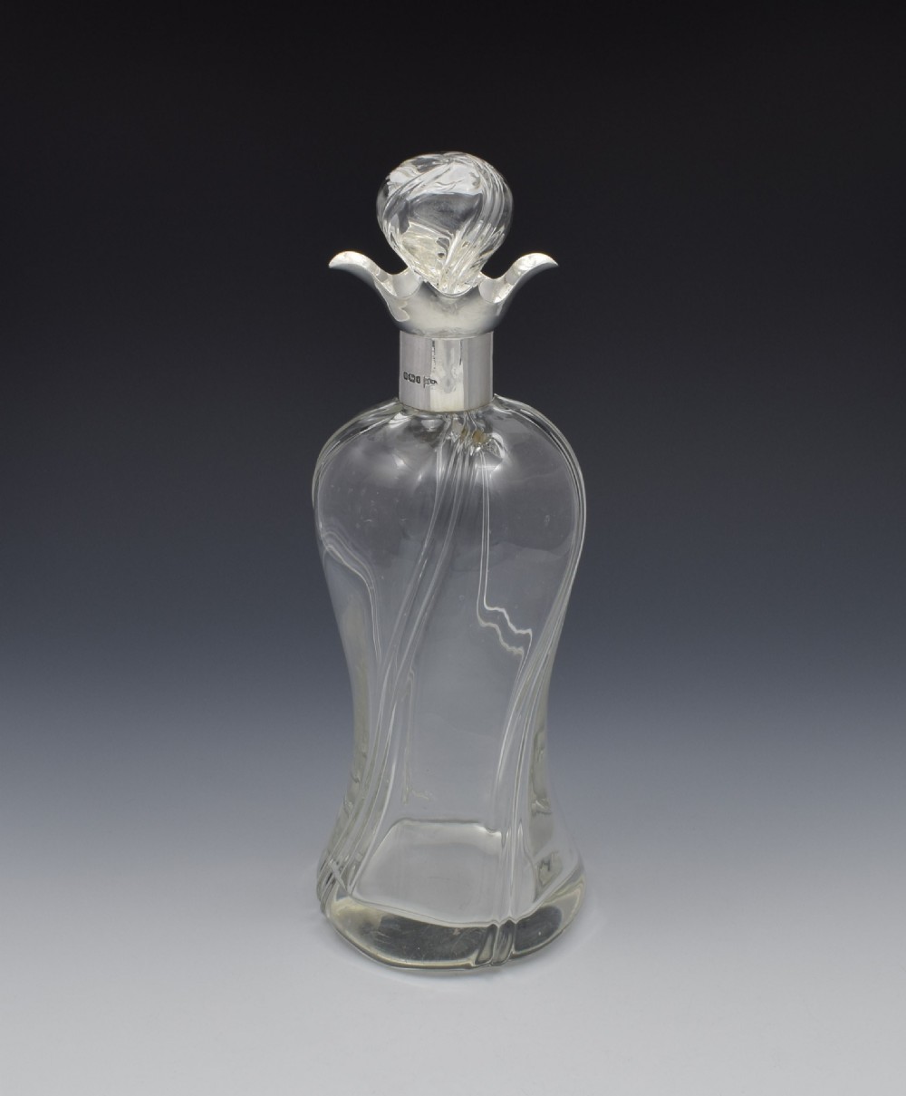 Edwardian Silver Mounted & Wrythen Glass Decanter Walker & Hall View III
