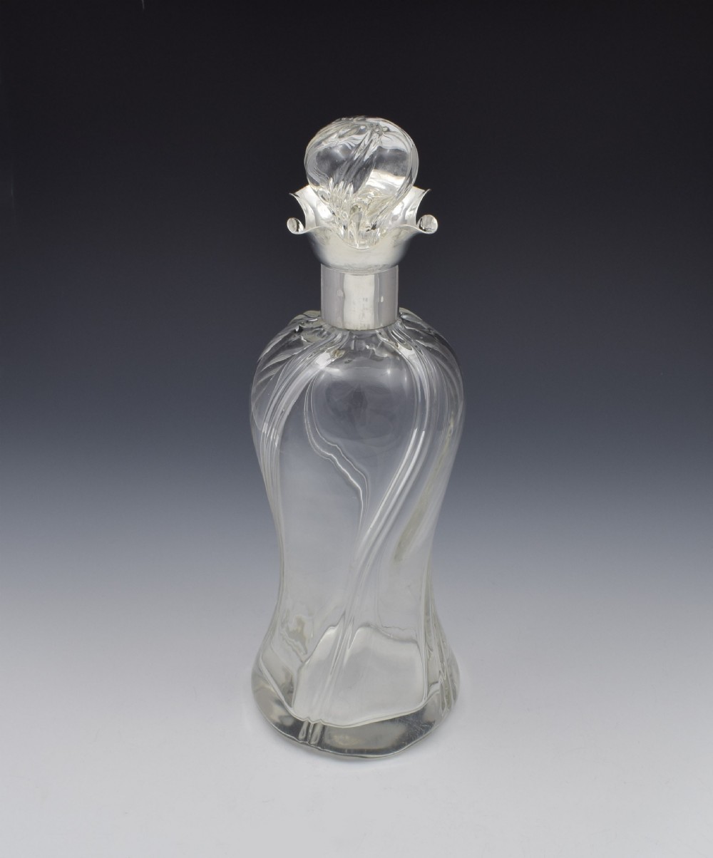 Edwardian Silver Mounted & Wrythen Glass Decanter Walker & Hall View IV