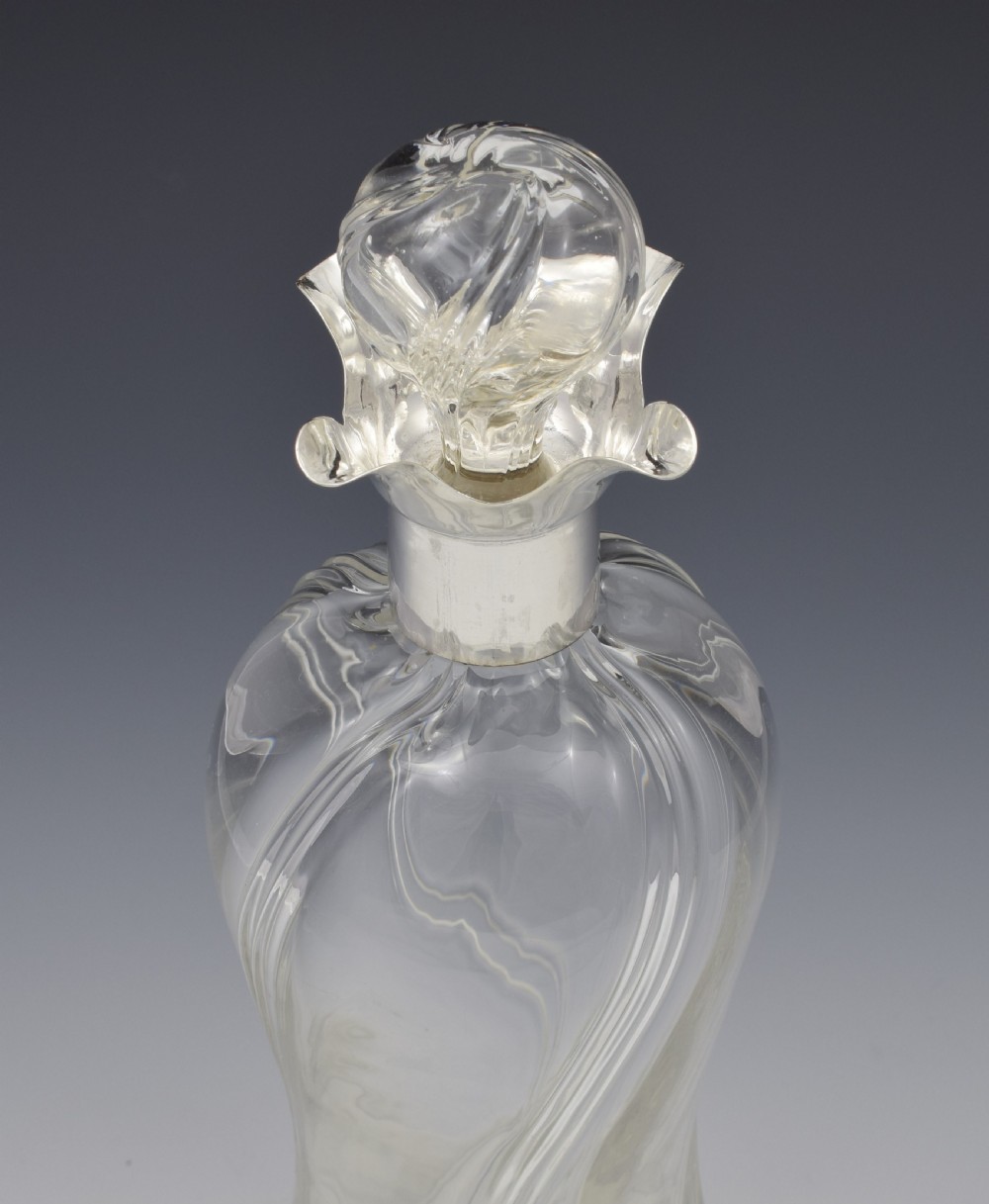 Edwardian Silver Mounted & Wrythen Glass Decanter Walker & Hall View VI
