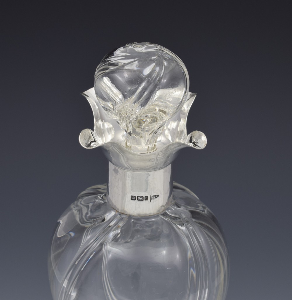 Edwardian Silver Mounted & Wrythen Glass Decanter Walker & Hall View VIII
