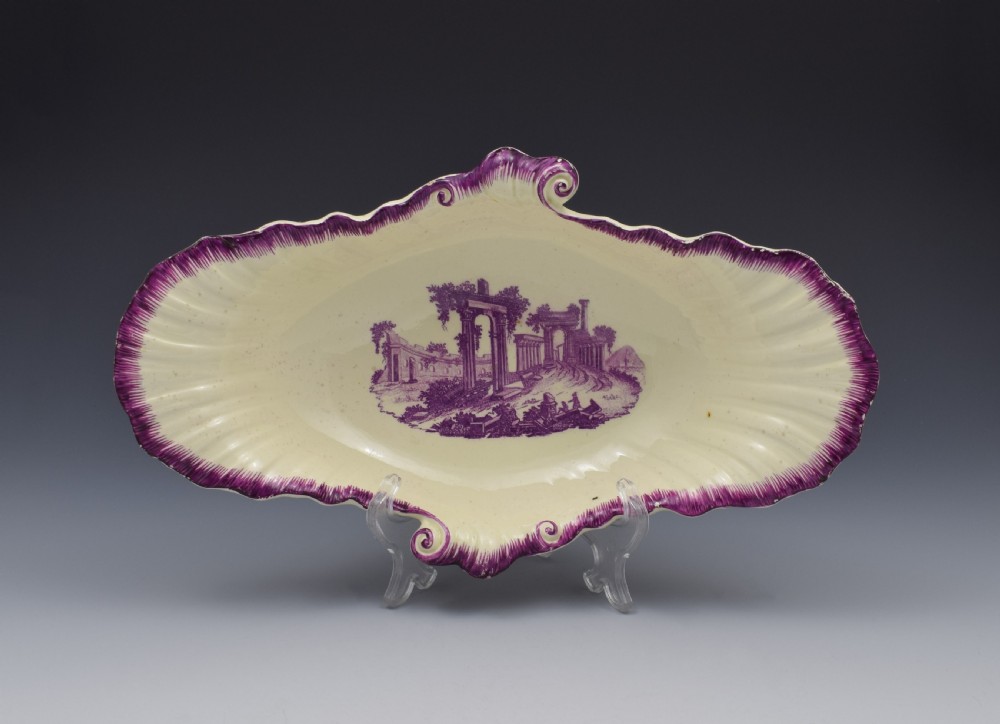 18th Century Neale & Co. Creamware Shell Dessert Dish Puce Classical Ruins