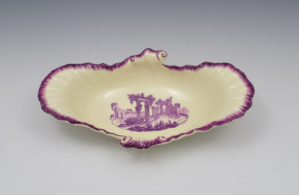 18th Century Neale & Co. Creamware Shell Dessert Dish Puce Classical Ruins View II