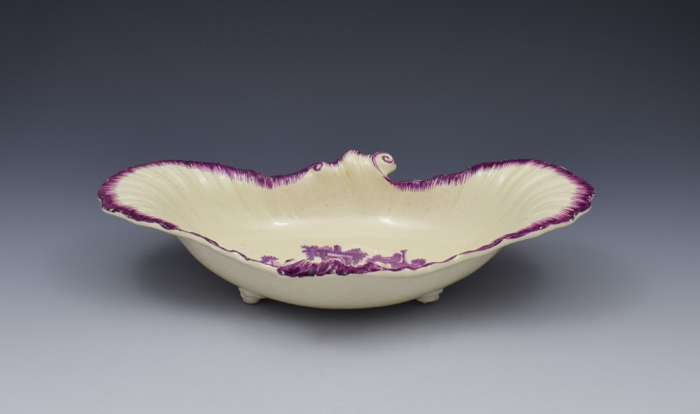 18th Century Neale & Co. Creamware Shell Dessert Dish Puce Classical Ruins View III