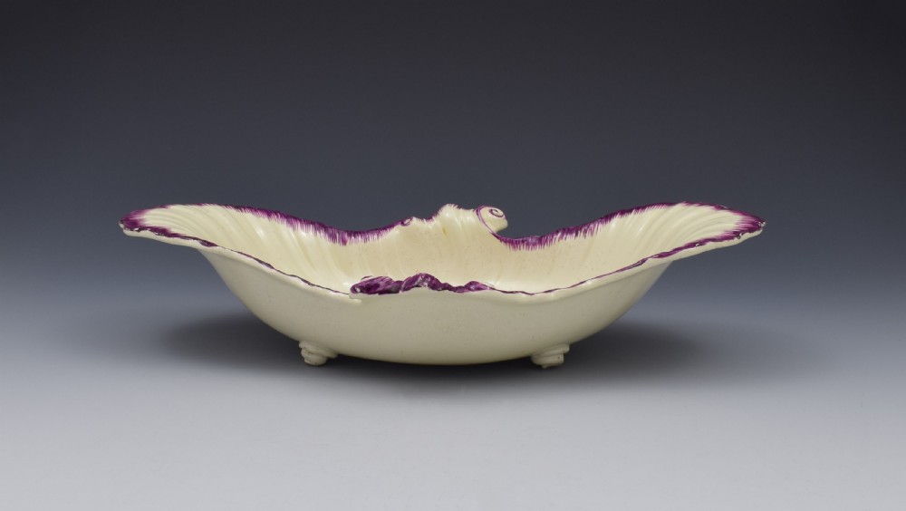 18th Century Neale & Co. Creamware Shell Dessert Dish Puce Classical Ruins View IV