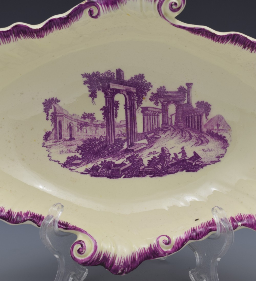 18th Century Neale & Co. Creamware Shell Dessert Dish Puce Classical Ruins View VI