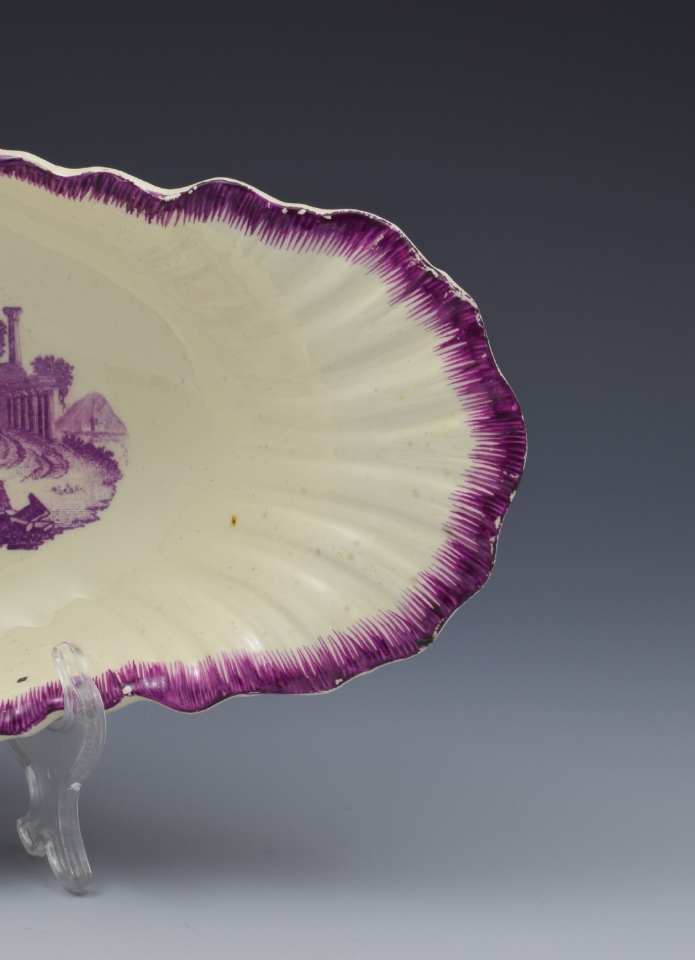 18th Century Neale & Co. Creamware Shell Dessert Dish Puce Classical Ruins View VII