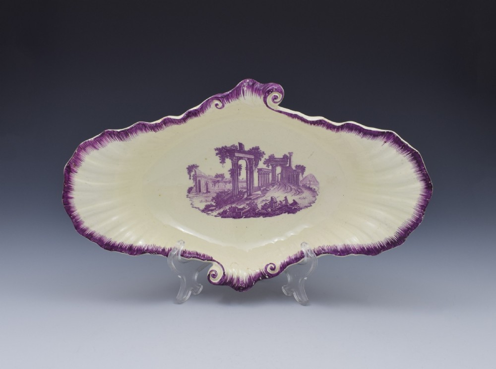 18th Century Neale & Co. Creamware Shell Dessert Dish Puce Classical Ruins