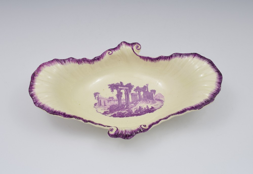 18th Century Neale & Co. Creamware Shell Dessert Dish Puce Classical Ruins View II