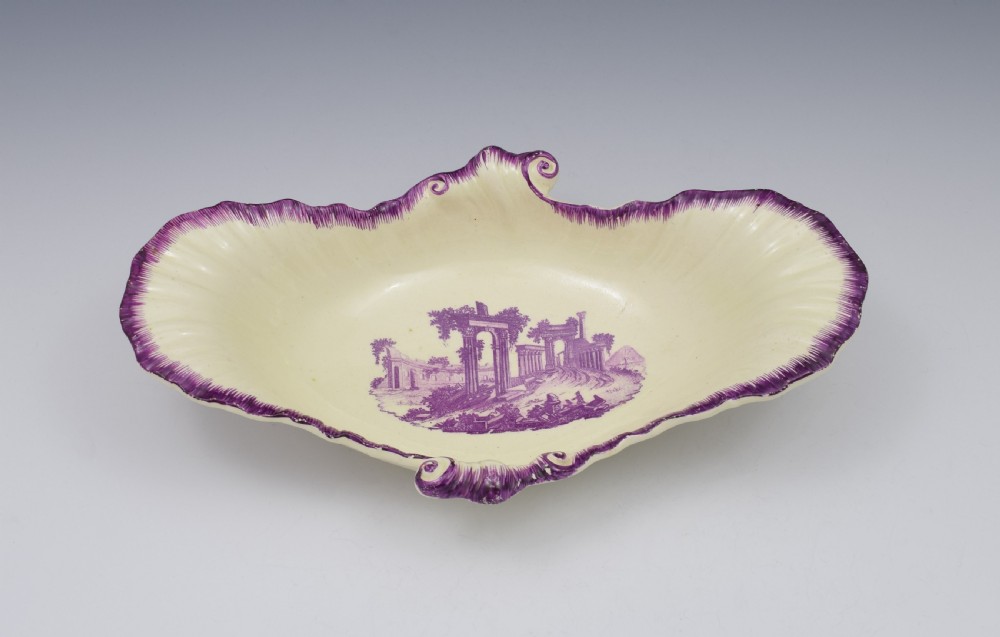 18th Century Neale & Co. Creamware Shell Dessert Dish Puce Classical Ruins View III