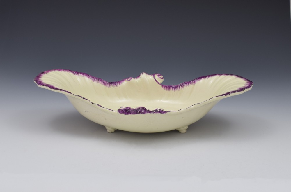 18th Century Neale & Co. Creamware Shell Dessert Dish Puce Classical Ruins View IV