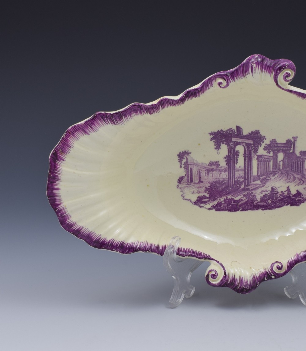 18th Century Neale & Co. Creamware Shell Dessert Dish Puce Classical Ruins View V