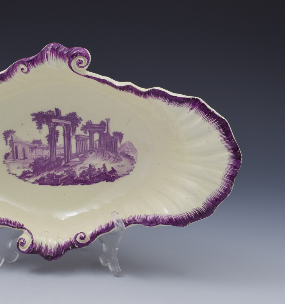 18th Century Neale & Co. Creamware Shell Dessert Dish Puce Classical Ruins View VI