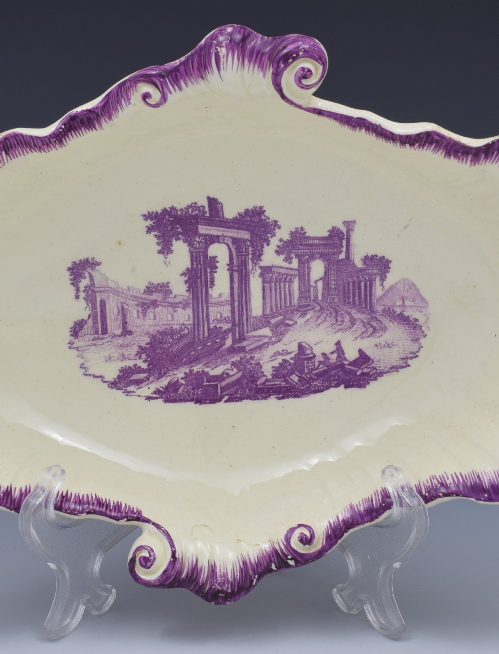 18th Century Neale & Co. Creamware Shell Dessert Dish Puce Classical Ruins View VII