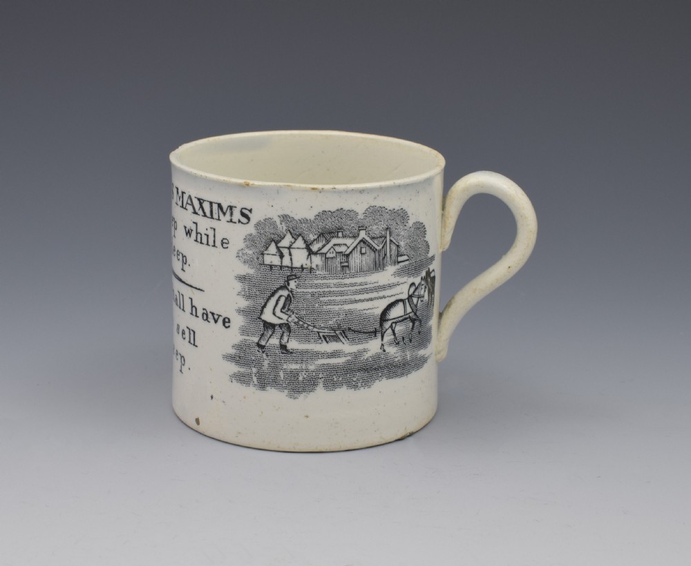 Staffordshire Pearlware Child's Black Printed Mug Franklin's Maxims View V