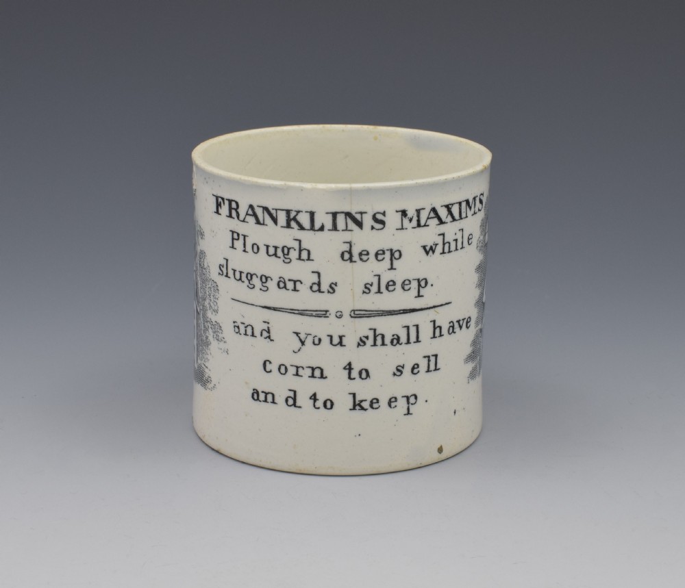 Staffordshire Pearlware Child's Black Printed Mug Franklin's Maxims View VI