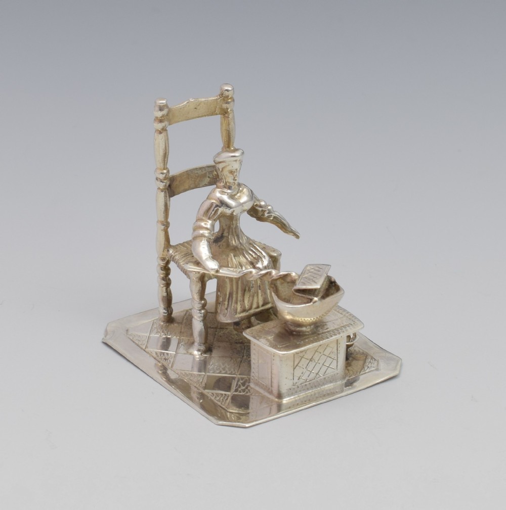 Dutch Silver Miniature Figure Seated Woman Girl Cooking c.1890 1