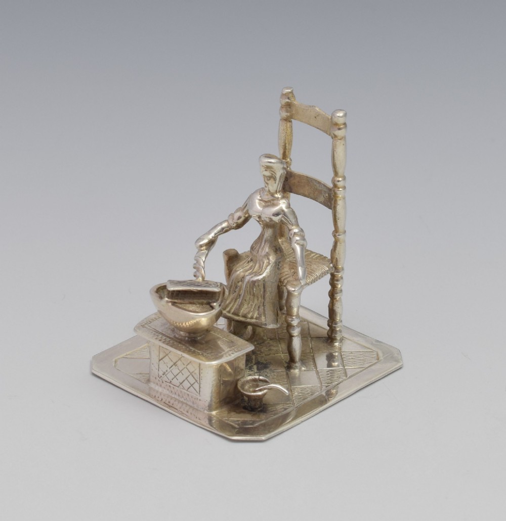 Dutch Silver Miniature Figure Seated Woman Girl Cooking c.1890 1 View V